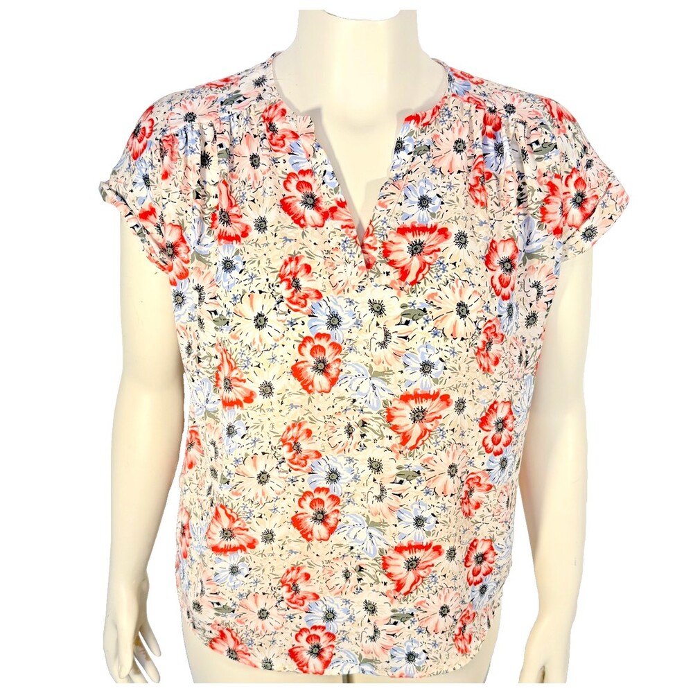 LOFT Blouse Womens M Floral Red Pink Blue V-Neck Short Cuffed Sleeve